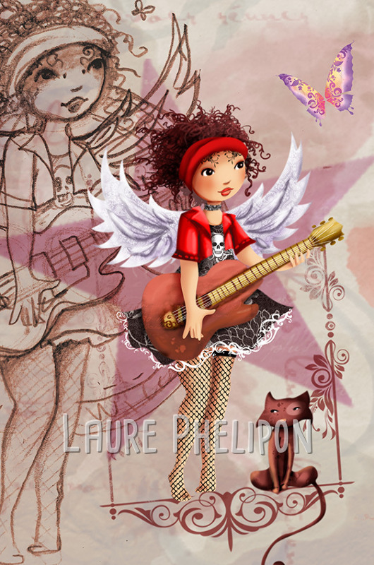 Chat Animal Papillon Artiste Fille Musique Femme Numérique Guitare par Laure Phelipon