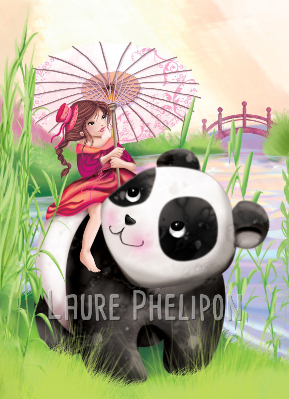 Animal Panda Fille Ombrelle Japon Numérique par Laure Phelipon