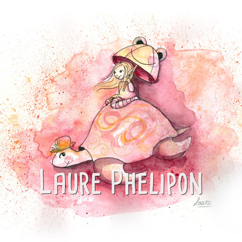 Fille Tortue Aquarelle Ombrelle Rose par Laure Phelipon