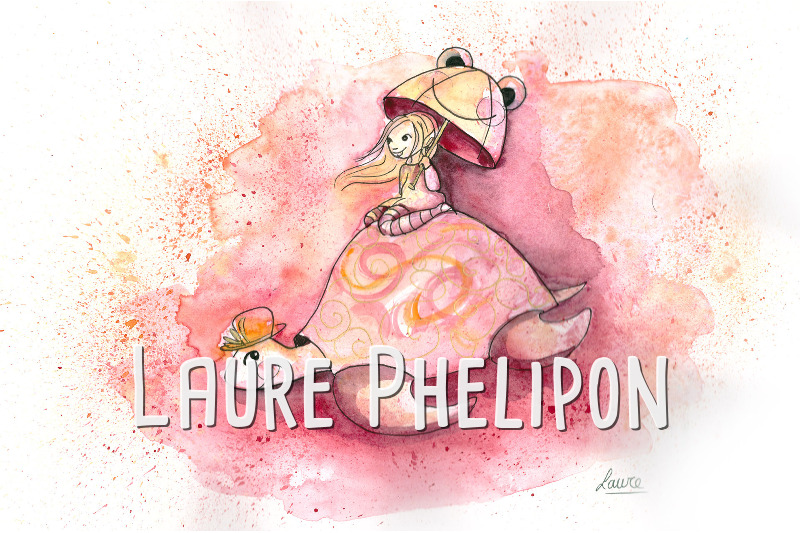 Fille Tortue Aquarelle Ombrelle Rose par Laure Phelipon