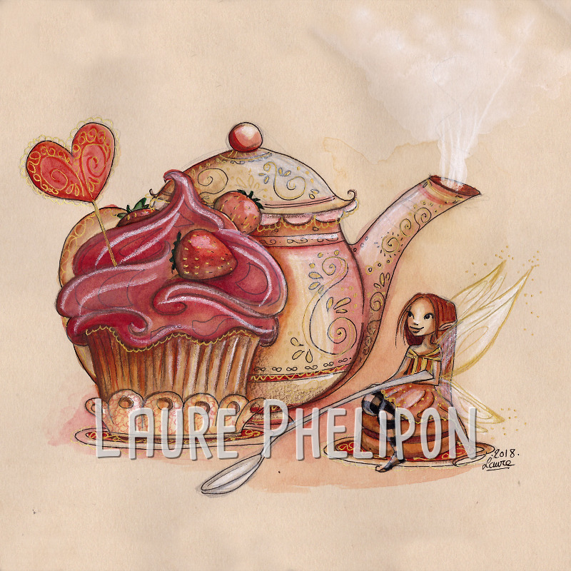 Fée Thé Gâteau Coeur Gourmande Fille Aquarelle Cupcake Cafetière Fraise par Laure Phelipon