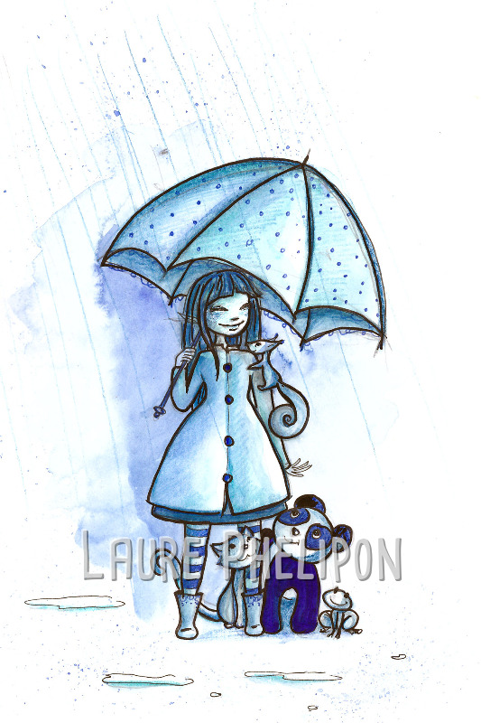 Chat Panda Fille Aquarelle Parapluie Ecureuil Grenouille par Laure Phelipon