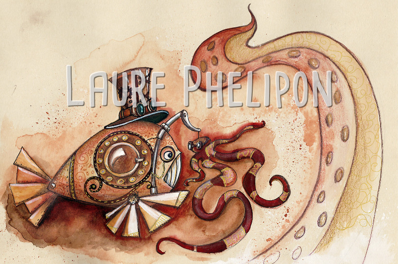 Poisson Steampunk Aquarelle Chapeau Poulpe par Laure Phelipon