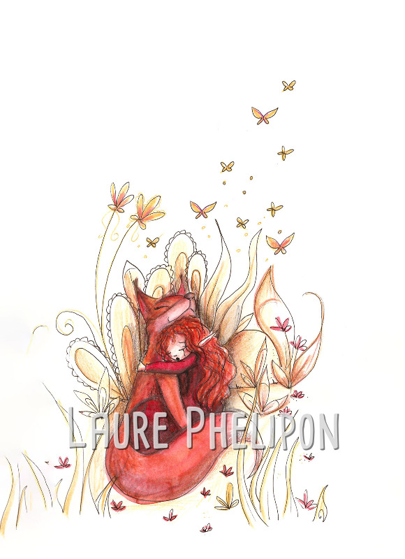 Papillon Renard Aquarelle Rousse Rouge Câlin par Laure Phelipon