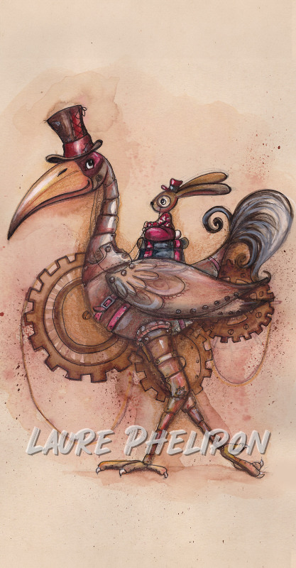 Lapin Steampunk Oiseau Aquarelle Chapeau par Laure Phelipon