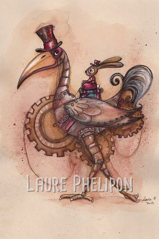 Lapin Steampunk Oiseau Aquarelle Chapeau par Laure Phelipon