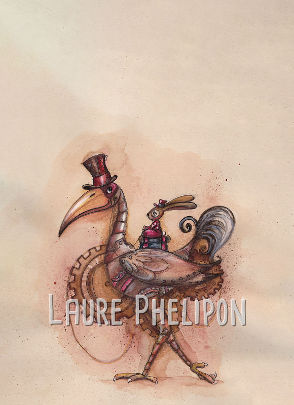 Lapin Steampunk Oiseau Aquarelle Chapeau par Laure Phelipon