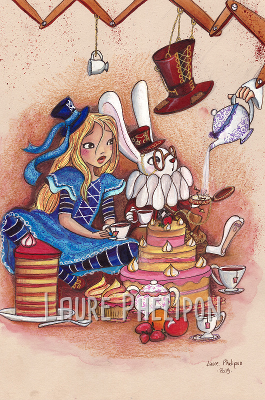 Thé Gourmande Fille Lapin Steampunk Aquarelle Cupcake Cafetière Chapeau par Laure Phelipon