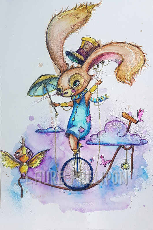 Lapin Oiseau Aquarelle Chapeau Monocycle par Laure Phelipon