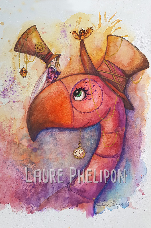 Temps Steampunk Oiseau Aquarelle Chapeau Flamant rose par Laure Phelipon