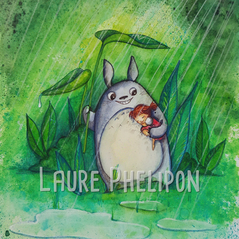 Fille Aquarelle Parapluie Nature Câlin par Laure Phelipon