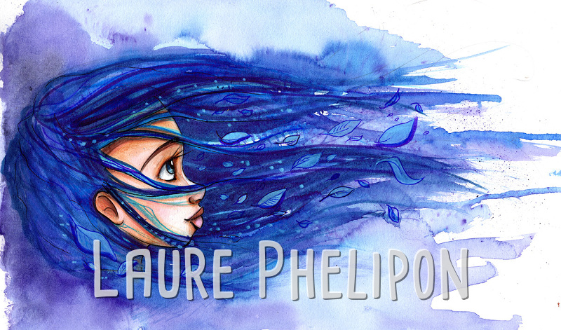 Fille Aquarelle Femme Feuille Bleu Cheveux par Laure Phelipon