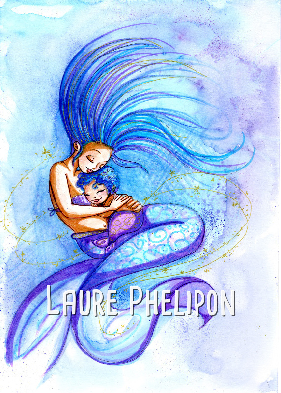 Sirène Garçon Aquarelle Bébé Maman Câlin par Laure Phelipon