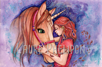 Câlin avec une licorne - Aquarelle du cahier de coloriages par Laure Phelipon