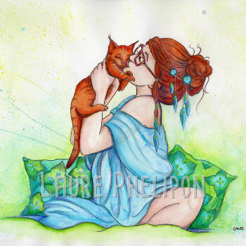 Amoureuse des chats -Aquarelle du cahier de coloriages par Laure Phelipon