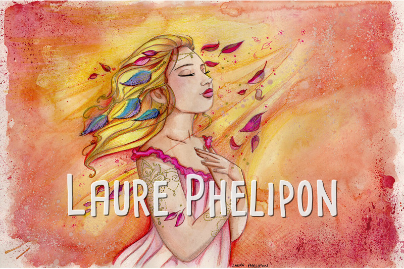 Fille Aquarelle Femme Feuille Plume Blonde par Laure Phelipon