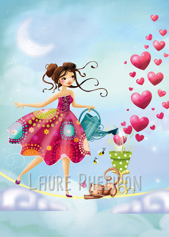 Chat Coeur Fille Lune Ciel Arrosoir Nuage Numérique par Laure Phelipon