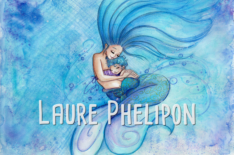 Sirène Mer Garçon Aquarelle Femme Bébé Maman Câlin par Laure Phelipon