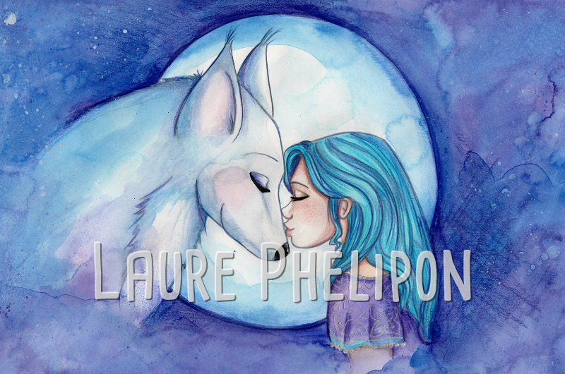 Loup Fille Aquarelle Lune Femme Nuit Amour par Laure Phelipon