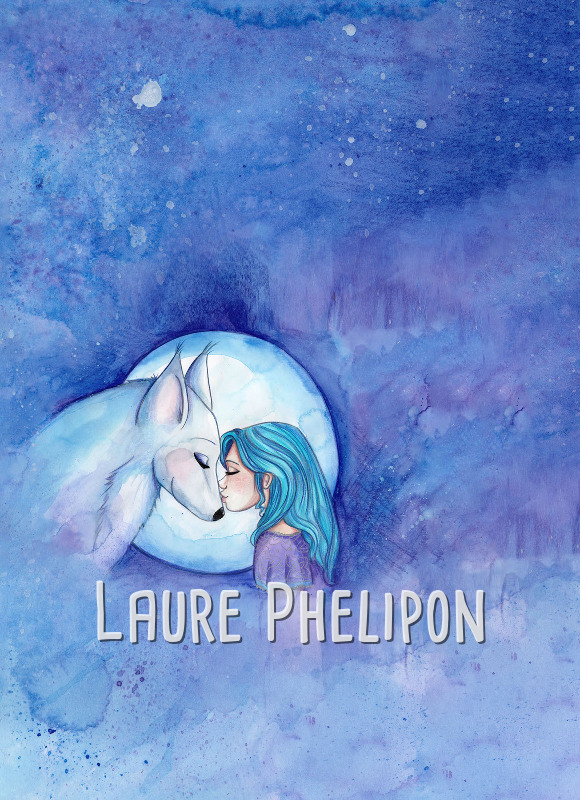 Loup Fille Aquarelle Lune Femme Nuit Amour par Laure Phelipon