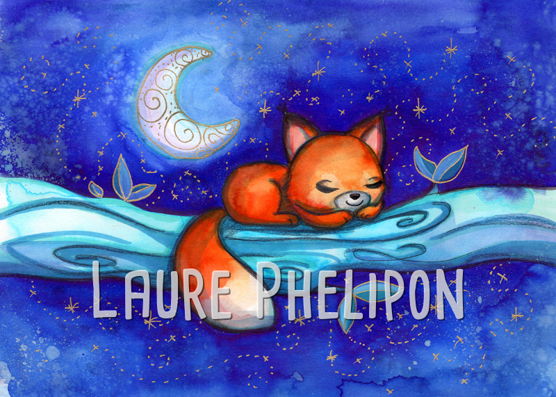 Renard Aquarelle Lune Nuit par Laure Phelipon