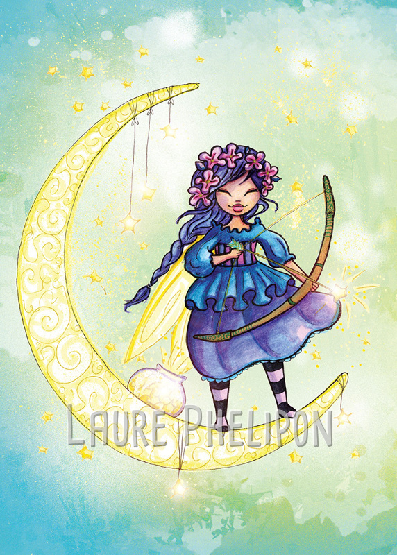 Fée Fille Aquarelle Lune Arc par Laure Phelipon