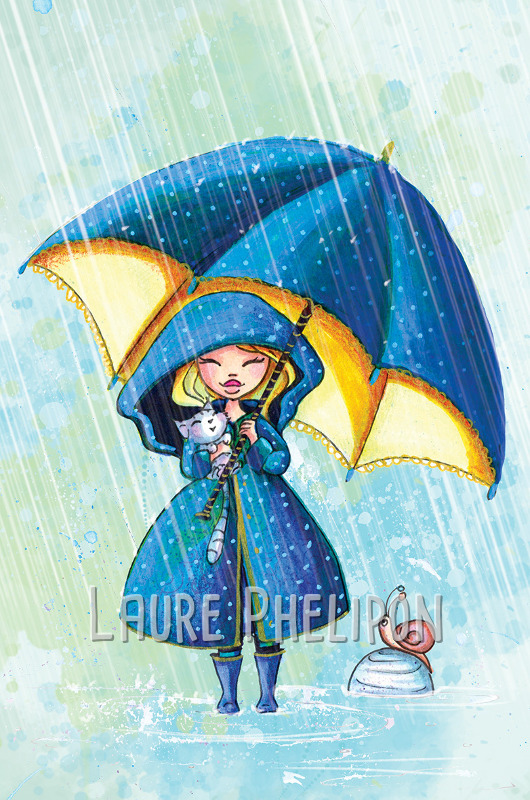 Chat Fille Aquarelle Escargot Parapluie Blonde par Laure Phelipon
