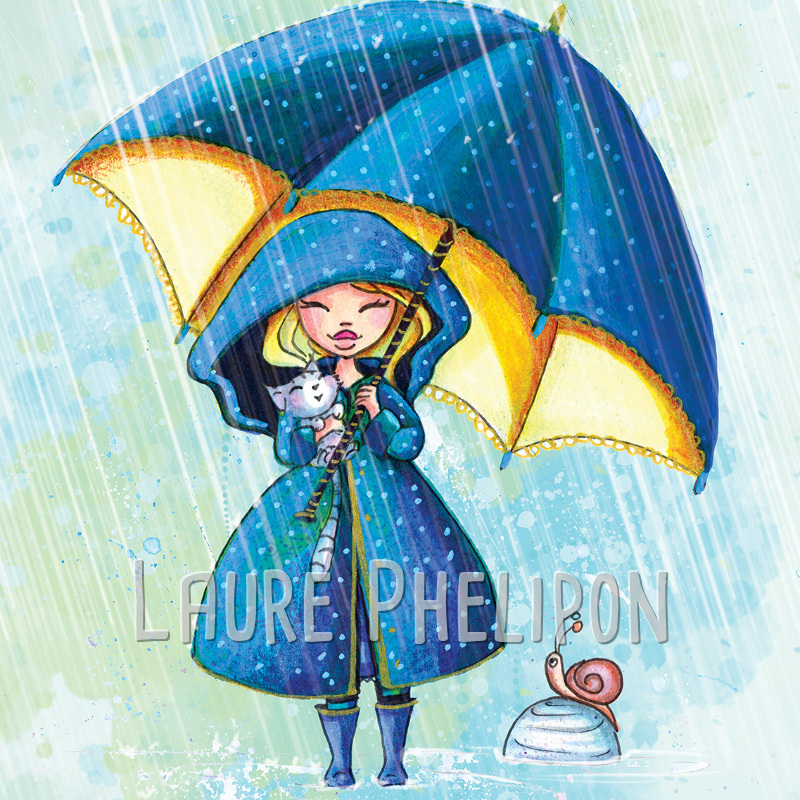 Chat Fille Aquarelle Escargot Parapluie Blonde par Laure Phelipon