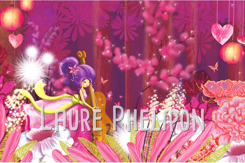 Fleur Papillon Coeur Artiste Fille Forêt Rose Lumière Contrebasse Numérique par Laure Phelipon