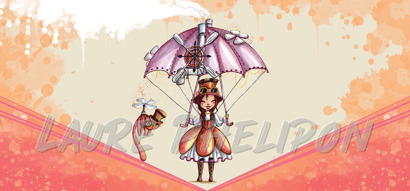 Chat Fille Steampunk Aquarelle Parachute Voler par Laure Phelipon