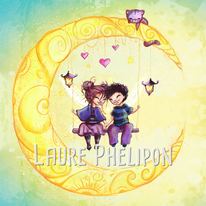 Chat Coeur Garçon Fille Aquarelle Lune Lumière Amour par Laure Phelipon