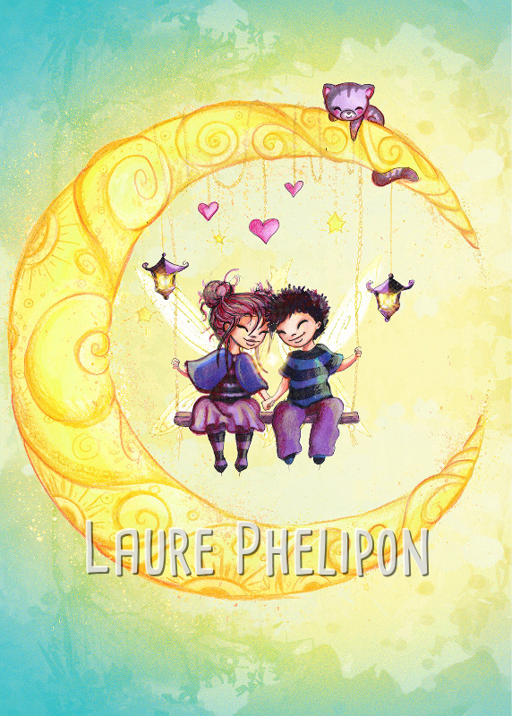 Chat Coeur Garçon Fille Aquarelle Lune Lumière Amour par Laure Phelipon