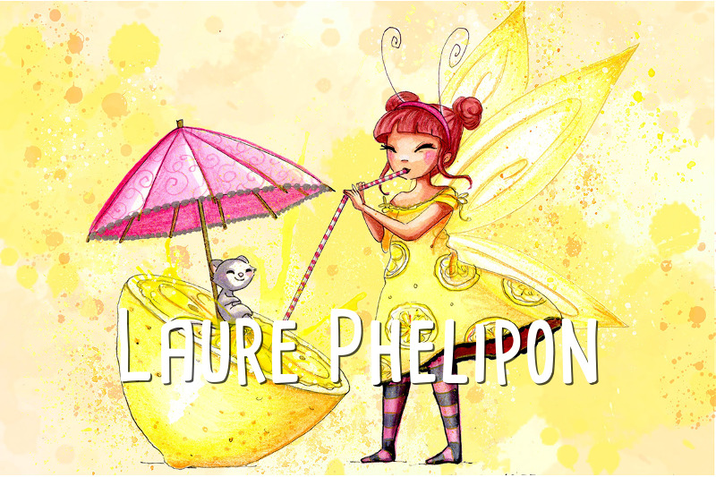 Chat Fée Fille Aquarelle Citron par Laure Phelipon