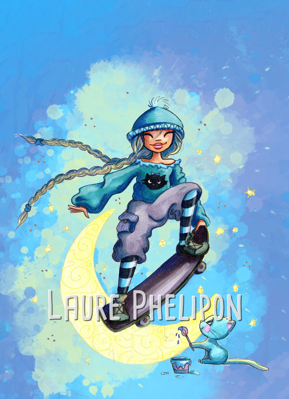 Chat Aquarelle Lune Skate par Laure Phelipon
