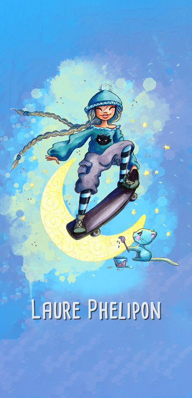 Chat Aquarelle Lune Skate par Laure Phelipon