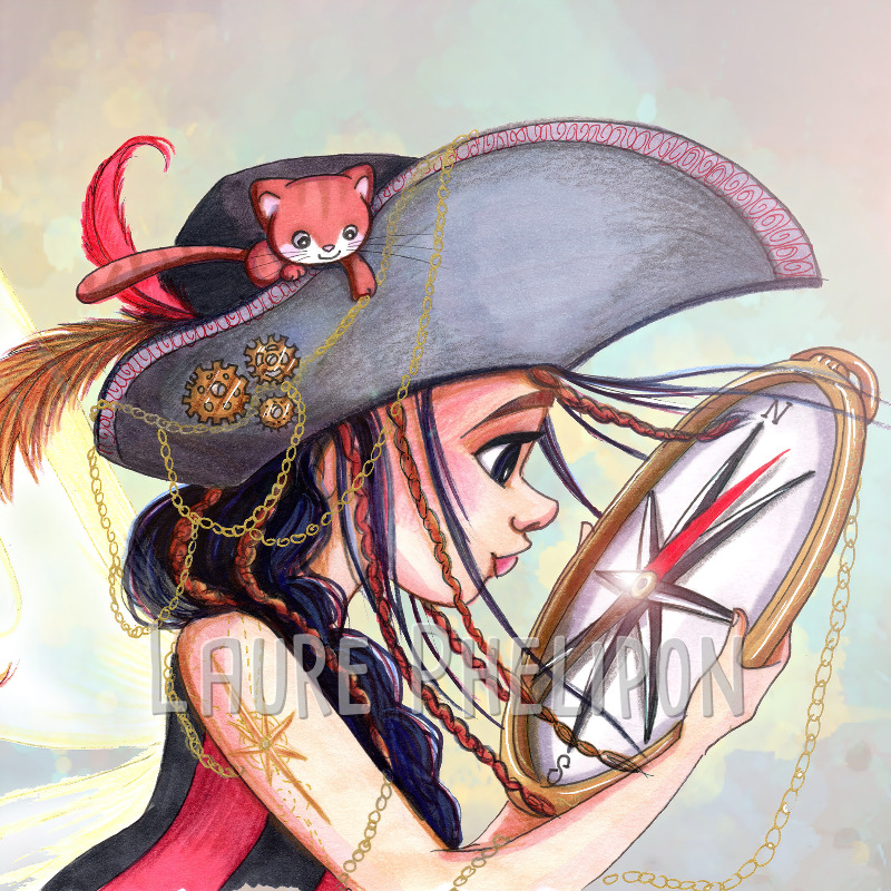 Chat Aquarelle Femme Plume Chapeau Pirate Boussole par Laure Phelipon