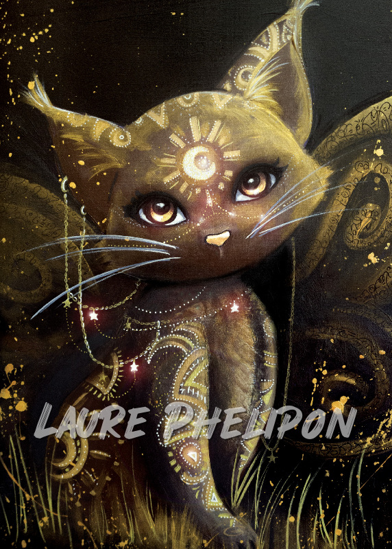 Chat Papillon Lune Acrylique par Laure Phelipon