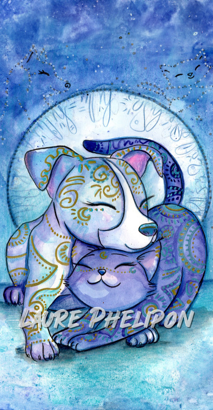 Chat Animal Aquarelle Lune Nuit Chien Câlin par Laure Phelipon