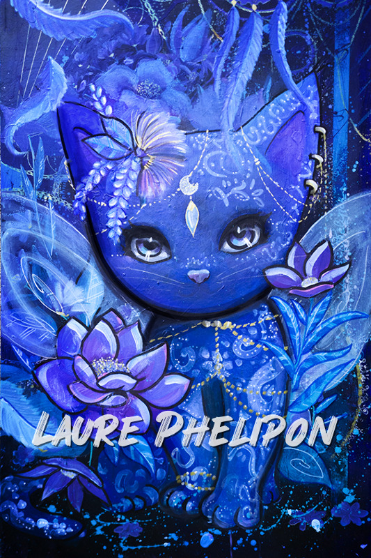 Chat Fleur Plume Acrylique Regard par Laure Phelipon