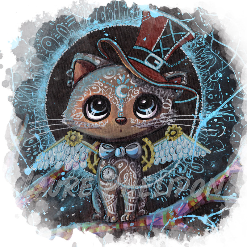 Chat Temps Steampunk Chapeau Acrylique par Laure Phelipon