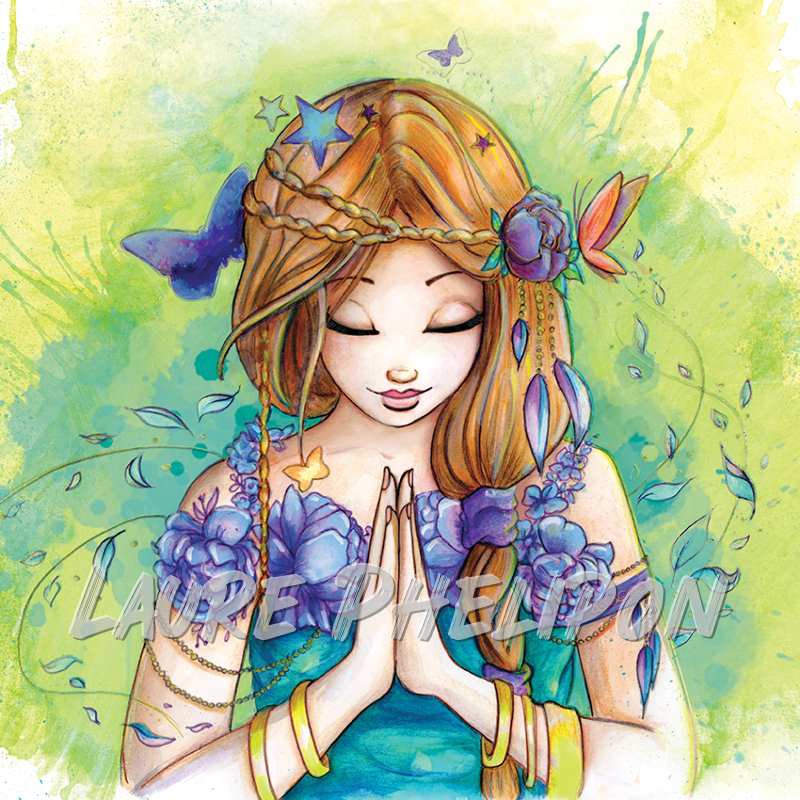 Fleur Papillon Aquarelle Femme Portrait Namasté paix prière par Laure Phelipon