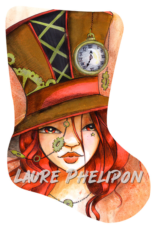 Temps Steampunk Aquarelle Femme Chapeau Portrait Engrenage par Laure Phelipon