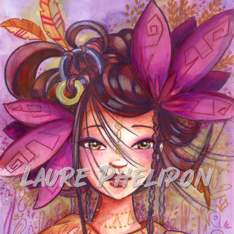 Fleur Aquarelle Femme Plume Portrait Coloriage par Laure Phelipon