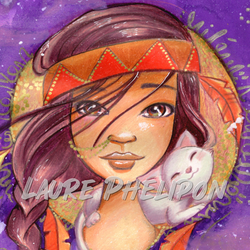 Chat Indienne Aquarelle Femme Plume Portrait Coloriage par Laure Phelipon