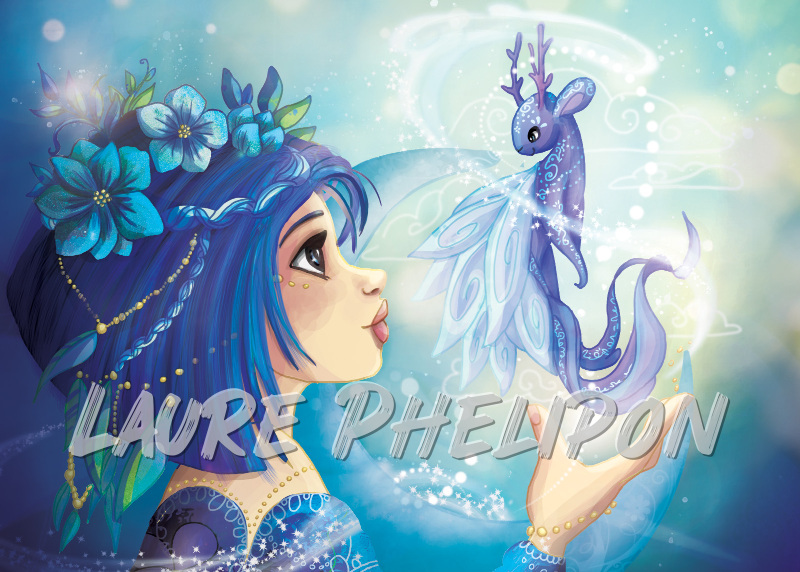 Magicienne Fille Femme Magie Numérique Bleu Dragon par Laure Phelipon