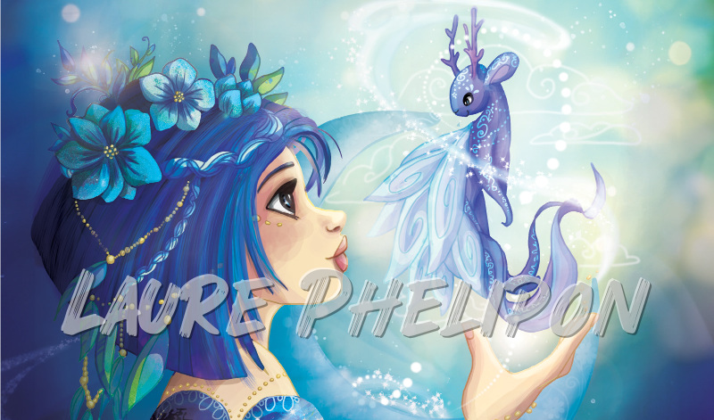 Magicienne Fille Femme Magie Numérique Bleu Dragon par Laure Phelipon