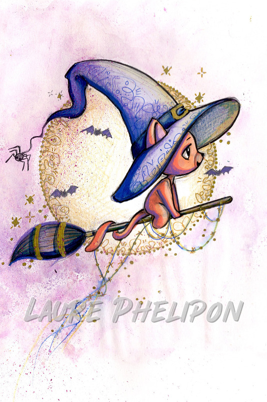 Chat Animal Aquarelle Sorcière par Laure Phelipon
