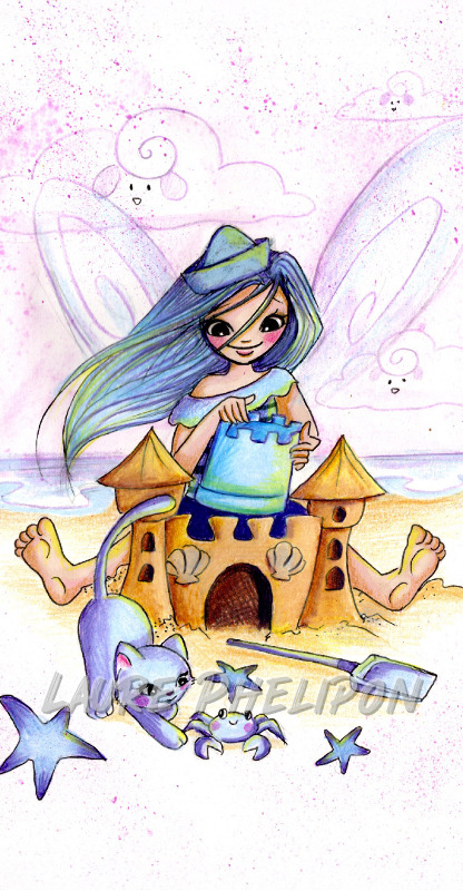 Chat Fée Mer Aquarelle Crabe par Laure Phelipon