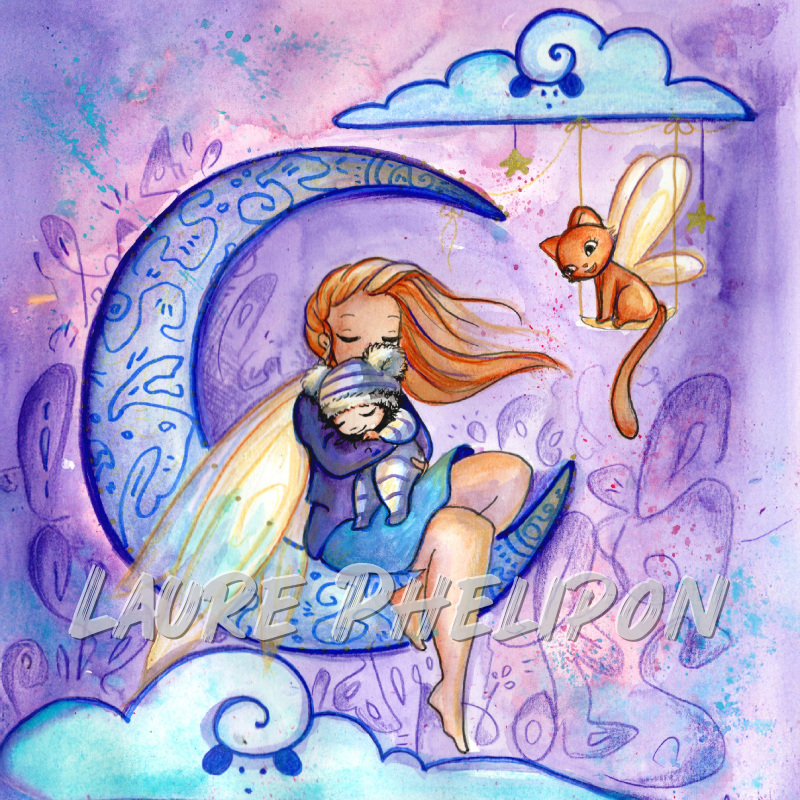 Chat Fée Aquarelle Lune Moutage par Laure Phelipon