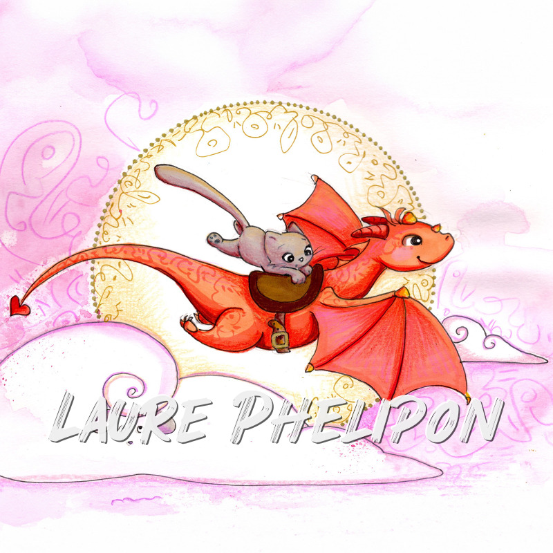 Chat Aquarelle Lune Dragon Moutage par Laure Phelipon